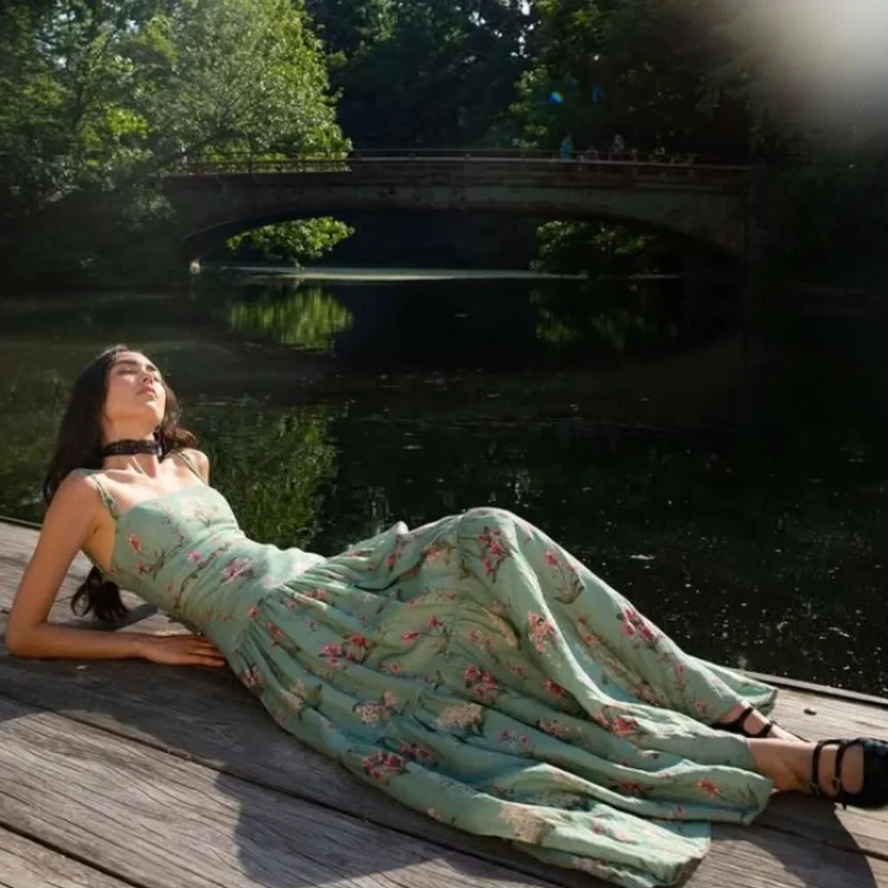 Agua by Agua Bendita Lima Maxi Dress Orquidea Green Embroidered Floral Size M - Picture 15 of 15